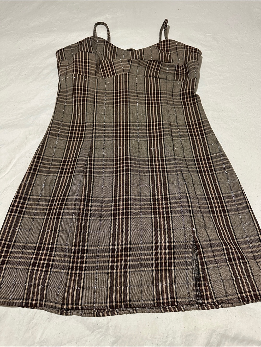 Plaid Mini Dress with Sweetheart Neckline - Brown